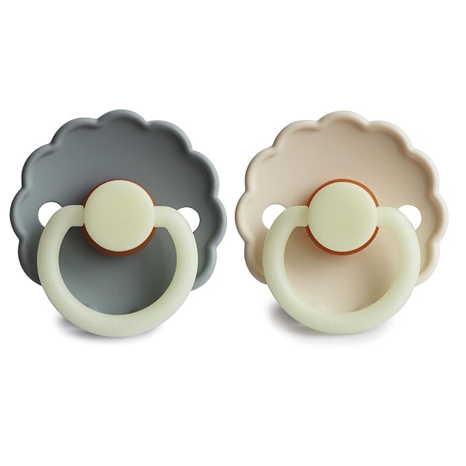 FRIGG Daisy Night Natural Rubber Baby Pacifier | Made in Denmark | BPA-Free (French Gray/Croissant, 6-18 Months) 2-Pack