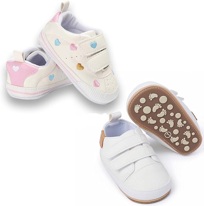 2Pairs Baby Shoes,Boys Girls Non-Slip Rubber Sole Sneakers,Unisex Infant Soft Lightweight First Walking Crib Shoes
