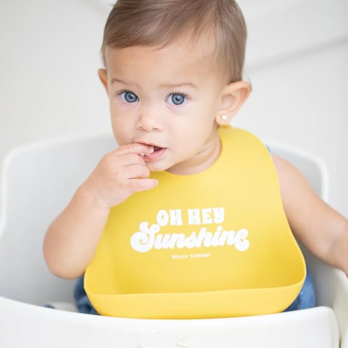Baby Bib for Eating by Bella Tunno, Waterproof Silicone Bib with Large Food Catcher, Adjustable Fit for Babies 4-12 months & Toddlers 1-3 Years, Boys & Girls, Oh Hey Sunshine