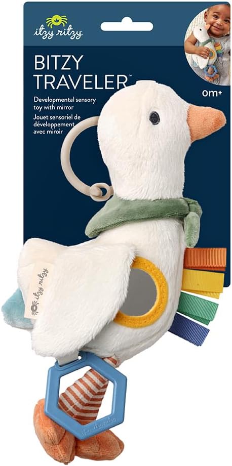 Itzy Ritzy Bitzy Traveler Car Seat & Stroller Toy for Babies – Developmental Sensory Toy Features Crinkle & Rattle Sounds & Multiple Textures – Hanging Travel Buddy for On-the-Go Entertainment (Goose)