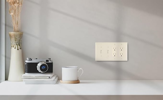 Henne Bery Modern Edge Decorative Wall Plate Switch Plate Outlet Cover, Durable Solid Zinc Alloy (Double Toggle/Double Decorator, Light Almond)