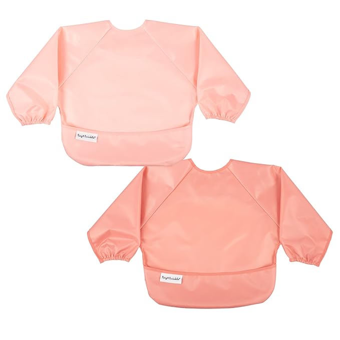 Tiny Twinkle Long Sleeve Bib for Babies & Toddlers – 2 Pack Waterproof Smock Bibs for Eating – Machine Washable & Mess-Proof, Baby Feeding Essential & Shower Must-Have (Peach Terracotta,6–24M)