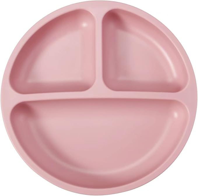 PandaEar 3 Pack Divided Unbreakable Silicone Baby and Toddler Plates - Non-Slip - Dishwasher and Microwave Safe - Silicone (Pink Green Light Tan)
