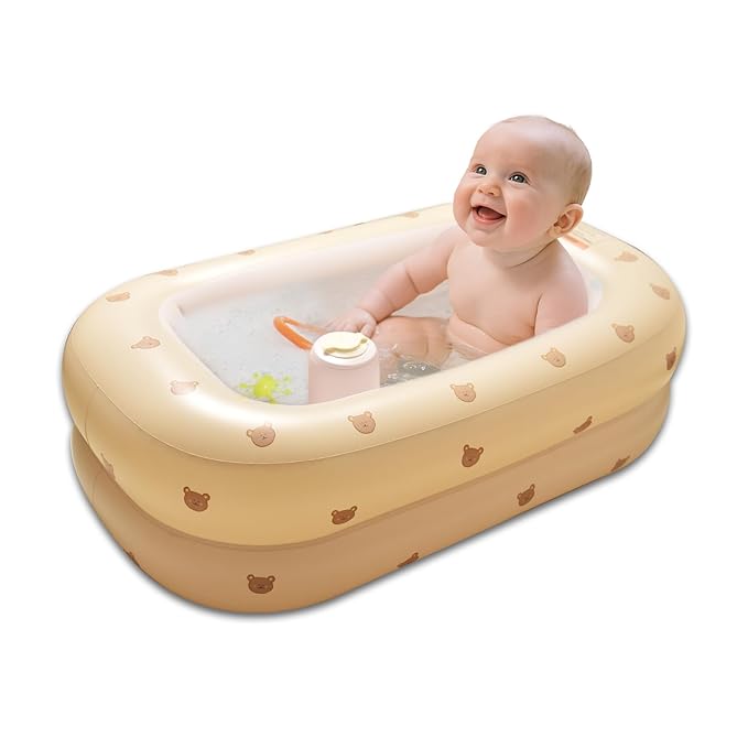 Inflatable Baby Bathtub Built-in Air Pump, Portable Travel Baby Bath Tub, Blow up Toddler Pool Seats for Babies Sitting up, Foldable Bathing Infant Shower Basin for Newborn 3 Months and up (Bear)