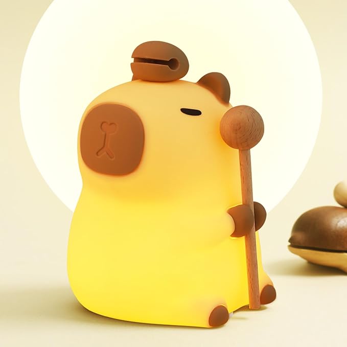 Capybara Night Light, Nursery Lamp, 7-Color RGB & 3-Level Warm Dimmable, Tap Control, 30Min Timer, 100% Safe &Soft Silicone, Adorable, Soothing Ambiance, Gift for Kids, Zen, Wooden Fish