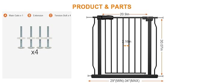 Narrow Baby Gates for Stairs Doorways Auto Close Tension Black Metal Child Pet Safety Gates with Pressure Mount 29-34 Inch Wide