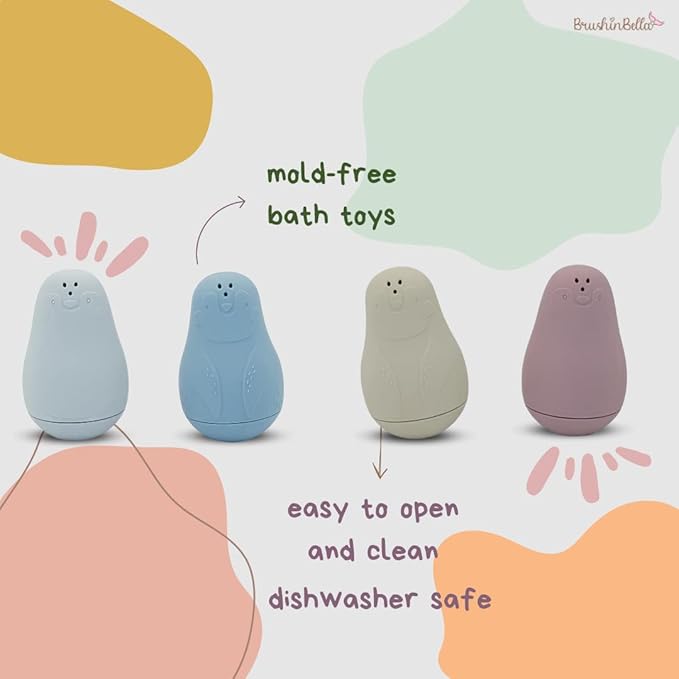 Silicone Bath Toys 4-Pack - Cleanable Silicone Toys with Montessori Stackable Cups - Baby Bath Toys - Dishwasher-Safe Bath Toys - Toddler Tub Toys - Baby Bath Essentials