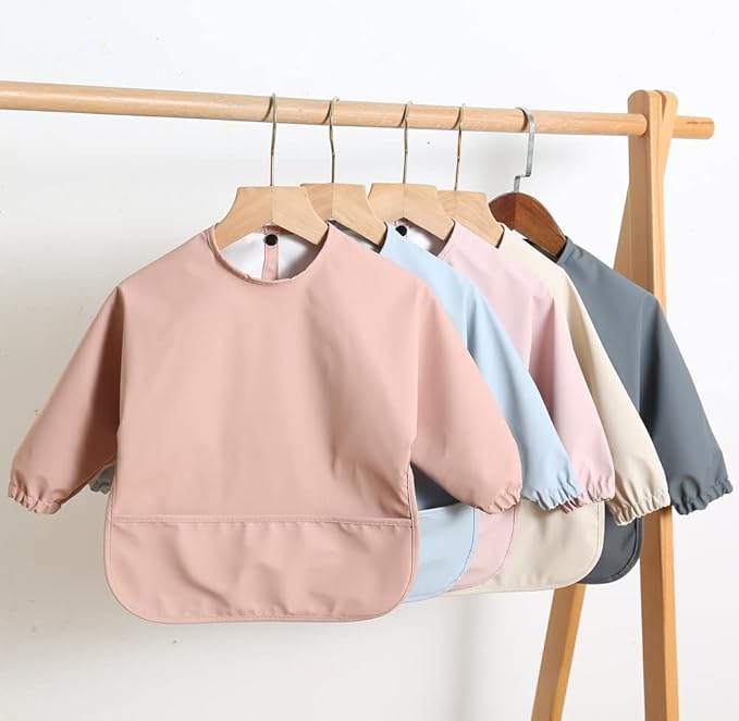 GZMM Waterproof Baby Bibs,Infant Toddler Long Sleeve Feeding Bib With Food Catcher,Wipe Clean & Washable