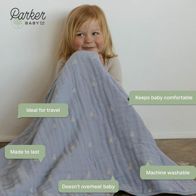 Parker Baby Muslin Blanket | 100% Soft Cotton Toddler Quilt & Baby Muslin Swaddle | Gender Neutral Design 47" x 47" Blanket