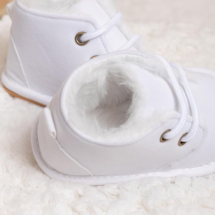 Baby Unisex Warm Snow Boots Newborn Leather Fur Lace Up Ankle Anti-Slip Rubber Texture Sole Toddler Prewalker Winter Crib Shoes