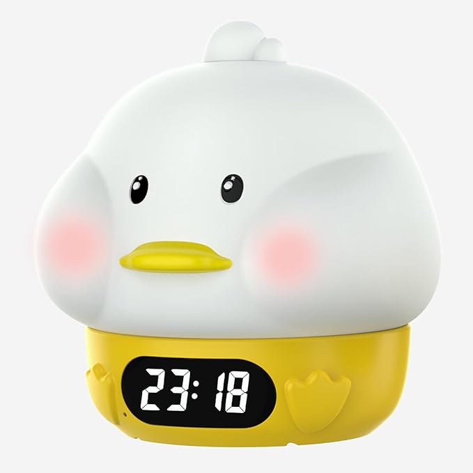 Cute Duck RGB Rechargeable Night Light, Soft Silicone Lampshade, Adjustable Brightness LED Clock, Date, Alarm, Thermometer, Timer, Tap Control, Bedroom Lamp, Gift for Girl and Kid (Yellow Duck)