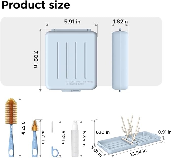 YOTIME Travel Bottle Brush, Travel Bottle Cleaner Kit with Foldable Bottle Drying Rack, for Visit Friends and Relations, Baby Travel Essentials, BPA Free, Blue