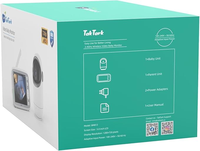 TakTark 5" HD 720P Baby Monitors, Video Baby Monitor with 2 Cameras and Audio, Night Light, 960ft Range, 2 Way Audio, Digital Zoom, Night Vision, VOX Sound Detection, Ideal for New Parent