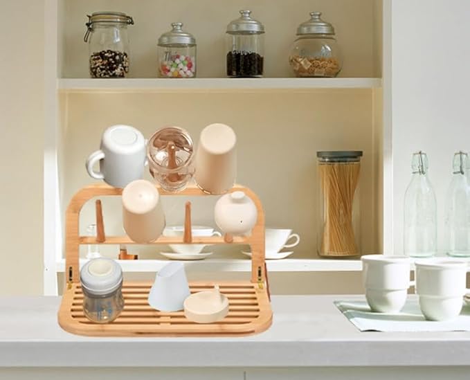 Baby Bottle Countertop Drying Rack Bamboo,Space Saving Kitchen Drying Rack & Bottle Holder for Nipples, Cups, Pump Parts, Accessories, Reusable Ziplock and Freezer Bag Dryer Rack