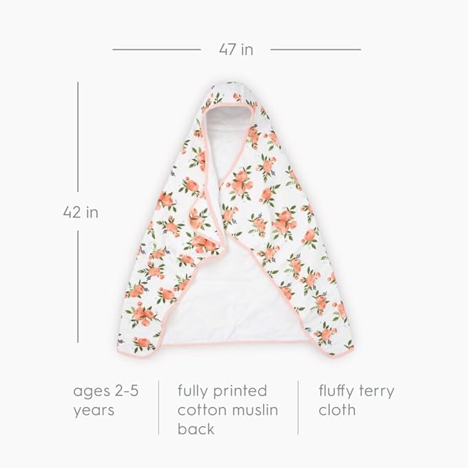 Little Unicorn Premium Hooded Bath Towel| Absorbent Cotton & Terry Blend | Larger Size, 1-6 Years (Watercolor Roses)