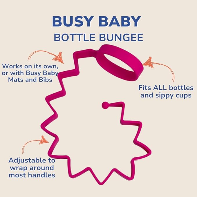Busy Baby Bottle Bungee - Sippy Cup Strap - Keeps Bottles and Sippy Cups Off The Floor - Food Grade Silicone - Dishwasher Safe (Pink)