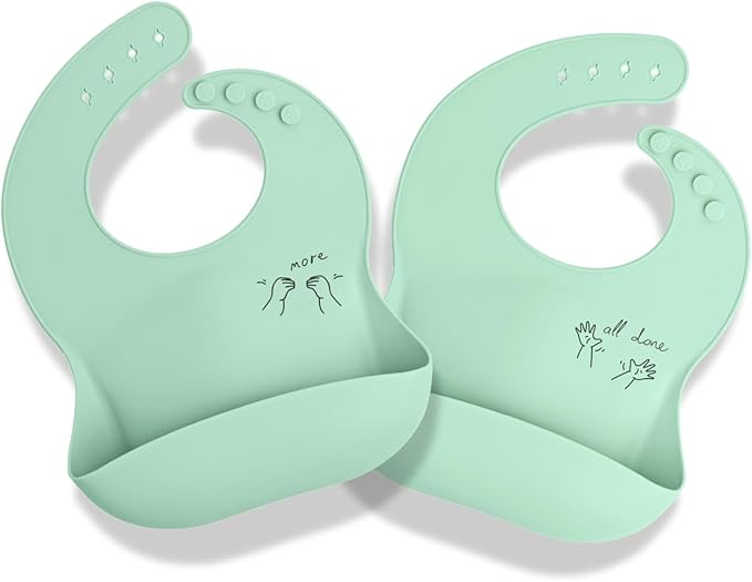 APLAINR Baby Sign Language Bib, Silicone Baby Bibs, ASL Graphics, Food Catcher, Adjustable, Waterproof, Soft, 6-36 Months
