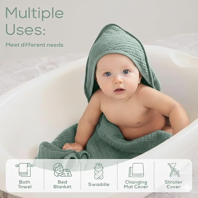 Muslin Hooded Baby Towels for Newborns, 32"x32", 100% Cotton – 6 Layers Super Soft Absorbent Breathable, Baby Bath Towel, Toddler Bath Towel – Pack of 2