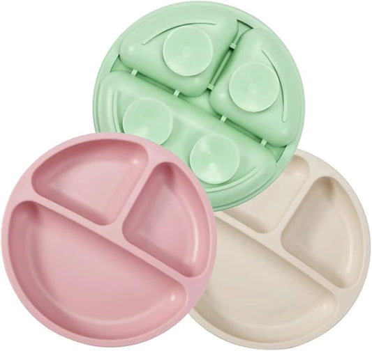 PandaEar 3 Pack Divided Unbreakable Silicone Baby and Toddler Plates - Non-Slip - Dishwasher and Microwave Safe - Silicone (Pink Green Light Tan)