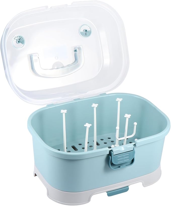 NUOBESTY Baby Bottle Drying Rack with Cover Portable Nursing Bottle Storage Box Baby Bottle Holder Dinnerware Organizer for Home Kitchen Blue
