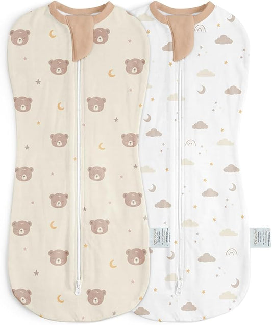 Baby Swaddle 0-2 Months, Cotton Arm-In Zipper Sleep Sack, Wearable Blankets Wrap for Newborn Infant Girls, Boys (Bear, Star Moon, Pack of 2)