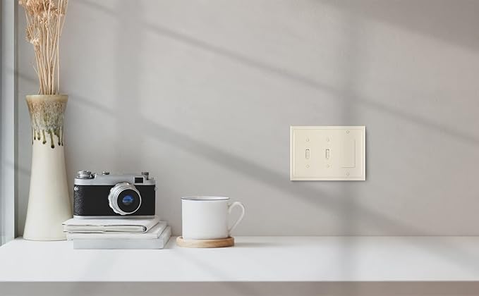 Henne Bery Modern Edge Decorative Wall Plate Switch Plate Outlet Cover, Durable Solid Zinc Alloy (Double Toggle/Single Decorator, Light Almond)