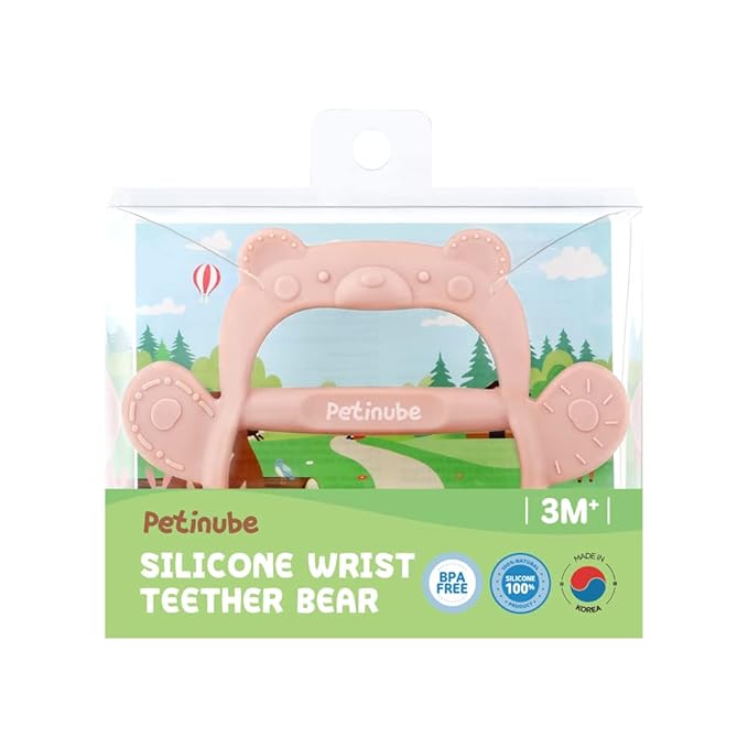 Baby Wrist Silicone Teether Soothing Pacifier for Infants 3+ Months Babies Made in Korea Anti-Dropping (Bear-Pale Peach Pack of 1)