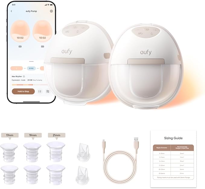 eufy Security Heated Breast Pump Hands-Free E20, Wearable with Innovative HeatFlow, 3 Heat Levels, Optimized Rhythm via App, Hospital-Grade Suction, Leakproof, Ultra-Slim and Quiet for in-Bra Use