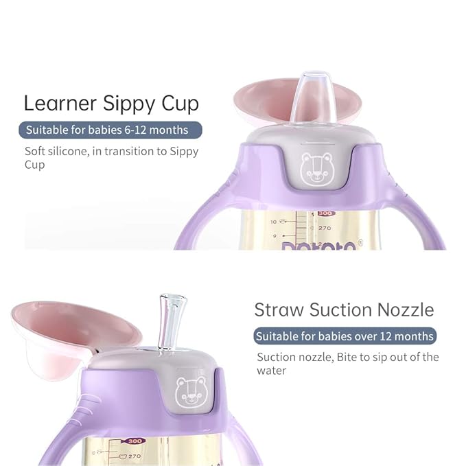 POTATO Sippy Cups For Toddlers with Straw Spill Proof, PPSU Learner Cup with Handle for Girl, Water Bottle for Baby 12 Months with 2 Type of Spout, 10 Ounce Pink