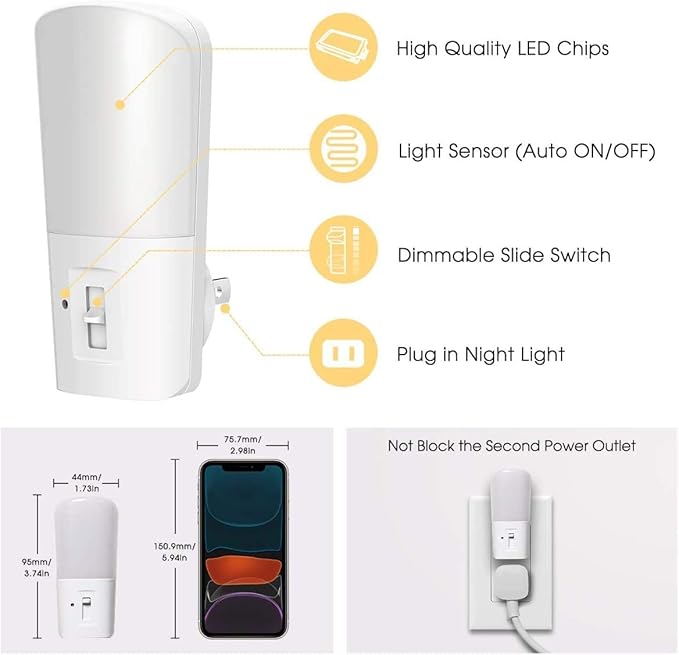 LOHAS Plug in Night Light, Dimmable LED Night Lights With Dusk to Dawn Sensor, Soft White 3000K Sleep Nightlight, Adjustable Brightness 5-80lm Mini Light for Nursery Kids Room Hallway Kitchen, 2 Pack