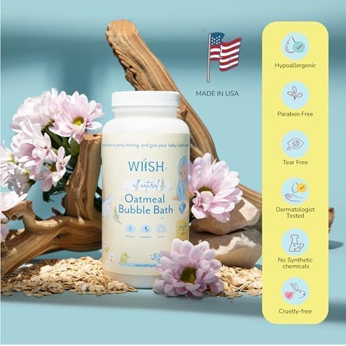 WIISH Baby Oatmeal Bubble Bath - Baby Bubble Bath for Sensitive Skin with 30% Colloidal Oatmeal | Aloe vera powder + Lavender powder Healing Ingredient, soothing Itchiness, Rashes, Dryness 32oz (520g)