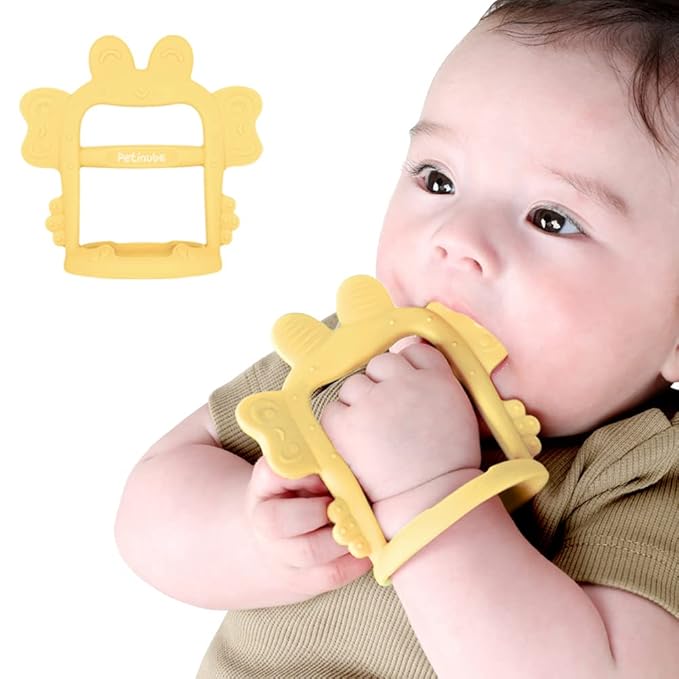 Anti-Dropping Silicone Baby Wrist Teether Soothing Pacifier for Infants 3+ Months Babies, Pack of 1, Made in Korea (Crab-Elfin Yellow)
