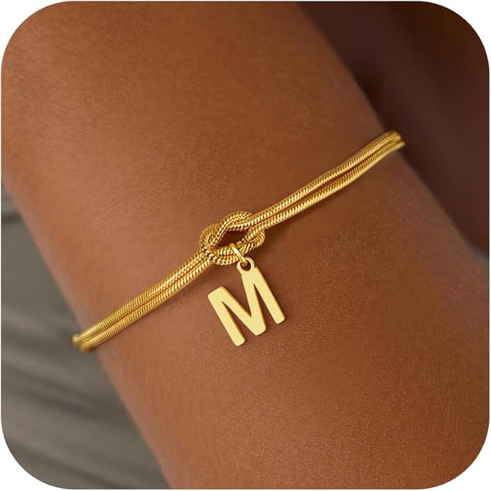 Stocking Stuffers for Teen Girls - 18K Gold Plated Love Knot Initial Bracelets for Women Friends Bridesmaid Gifts Dainty Gold Bracelets Birthday Christmas Gifts for Teens Women