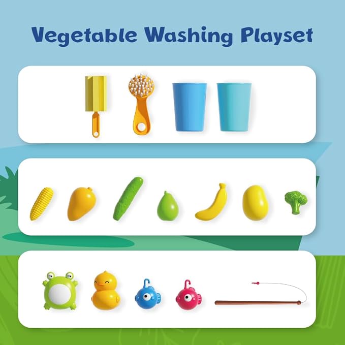 Sensory Water Table for Toddlers 1-3, Play Sink with Running Water Toys for Kids Ages 4-8, Kitchen Sink with Play Food Vegetables, Dishes, Fishing Game, Outdoor Sand Summer Toys for Boys Girls