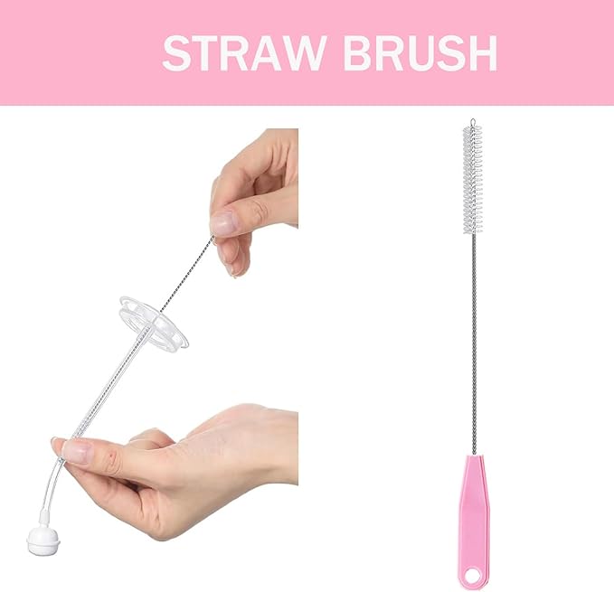 Baby Bottle Brush Set 4 in 1, Baby Bottle Cleaner, with 1P Nylon Bottle Brush, 1P Bottle Cap Brushes, 2P Straw Brushes, Bottle Brush with Nipple Cleaner and Suction Cup, BPA-Free(Pink)