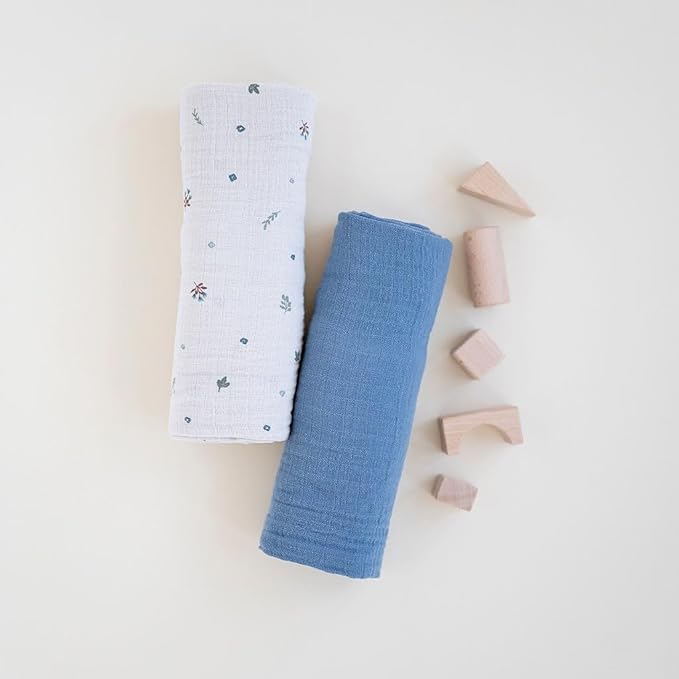 Ely's & Co. Muslin Swaddle Blanket 2-Pack — 100% Cotton Muslin Extra-Large Swaddle Blankets (47” x 47”) Solid + Printed (Blue Garden Flower)