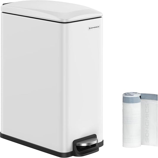 SONGMICS Slim Trash Can, 13-Gallon (50 L) Garbage Can for Narrow Spaces with Soft-Close Lid, Inner Bucket, and Step-on Pedal, Stainless Steel, 15 Trash Bags Included, White ULTB510W48