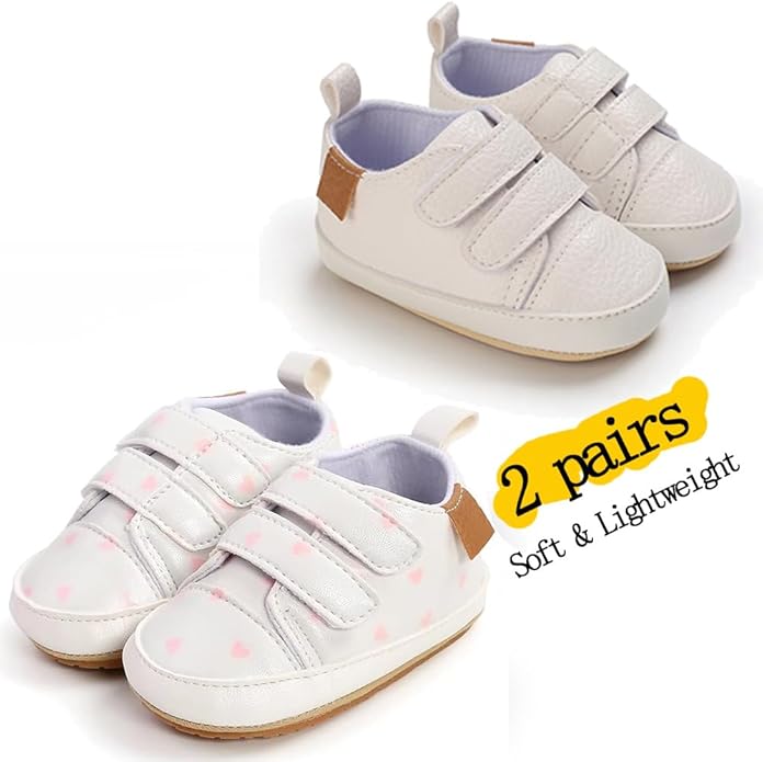 2Pairs Baby Shoes,Boys Girls Non-Slip Rubber Sole Sneakers,Unisex Infant Soft Lightweight First Walking Crib Shoes