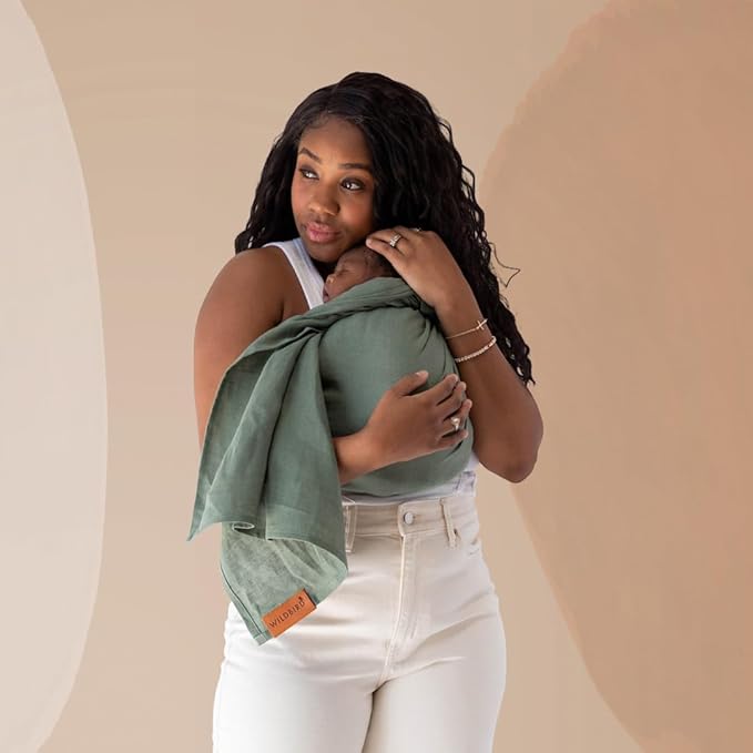 WildBird Ring Sling Baby Carrier for New Moms & Dads & Caregivers - Made from 100% European Linen - for Newborns to Toddlers Up to 35 lbs - Long 90" Size (Acadian Fabric/Rose Gold Ring)