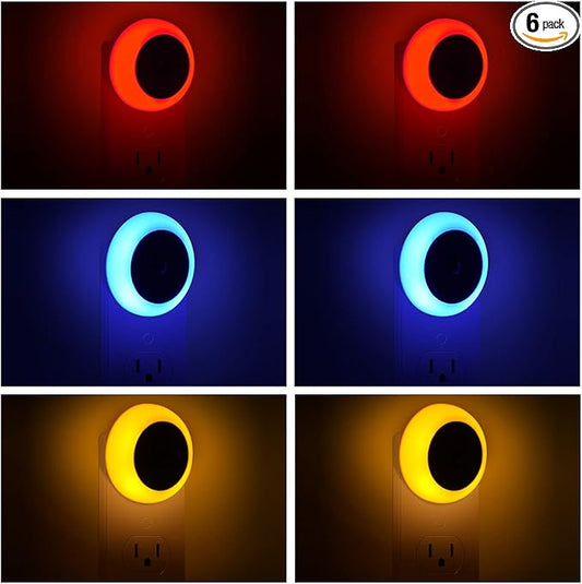 6 Pack LED Night light, LED night lights plug into wall with dusk to dawn sensors, plug in night lights for kids room, bedroom, bathroom, baby nursery,Stair Lights, Hallway Light, Red, Blue, Amber
