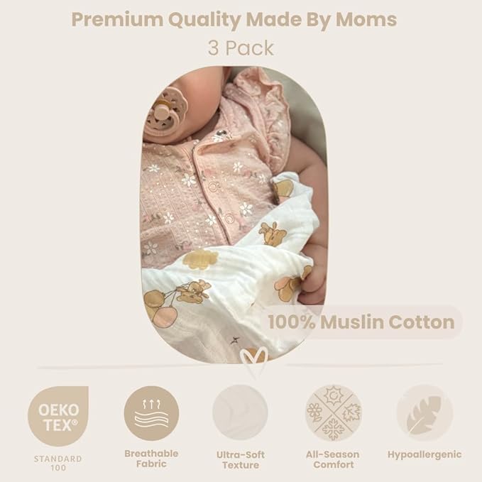 100% Muslin Cotton Baby Receiving Cloths, 3-Pack, 27x27 in (70x70cm), Soft & Gentle for Newborns, Sensitive Skin Safe, For Feeding, Burping & Comfort, 0+ Months (Teddy Bear/Rainbow/Hot Air Balloon)