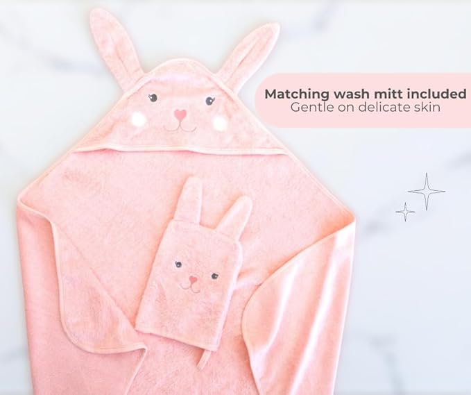Hooded Baby Towel with Mitt - Ultra Soft Plush Bath Essential for Newborn, Infant & Toddler - Premium 30x30 Inch Large Absorbent Baby Bath Towels with Hood for Boys & Girls (Cute Bunny)