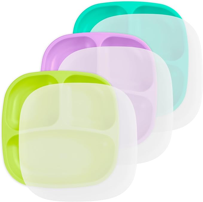 Re-Play Toddler Plates with Dividers - Deep-Walled 3 Compartments Divided Plates for Kids with 3 Lids - Dishwasher & Microwave Safe - Made in USA - Set of 3-7.37" x 7.37" x 1.25" - Mermaid