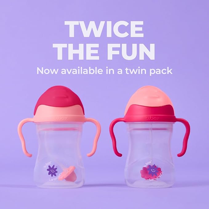 b.box + Lansinoh Weighted Straw Sippy Cup for Babies 6 Months+ (2 Pack)| Leak‑Proof, BPA‑Free, 8 oz Toddler Cup | Drink From Any Angle | Easy Grip, Dishwasher Safe | Tutti Frutti + Raspberry