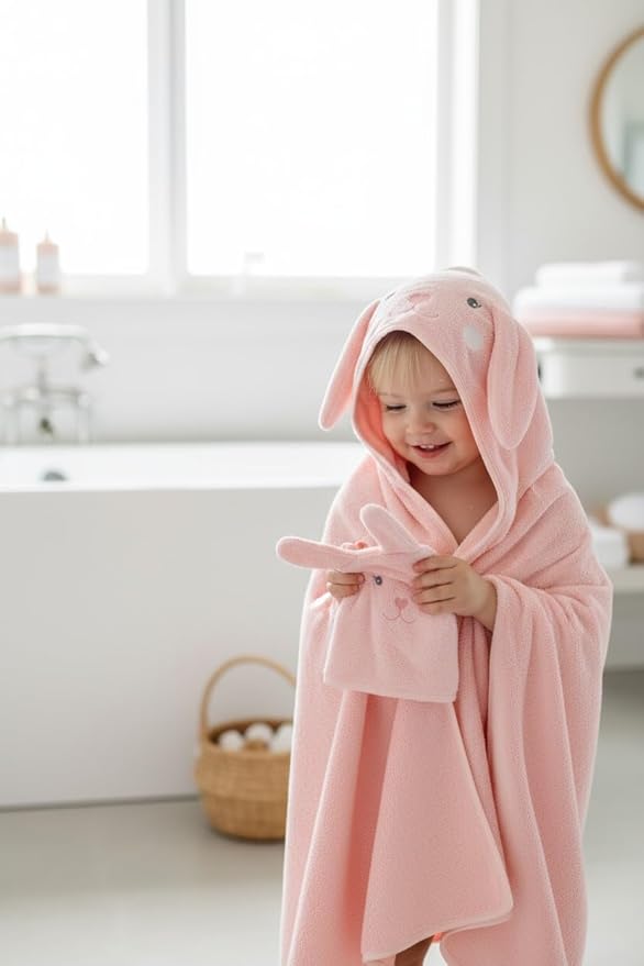 Hooded Baby Towel with Mitt - Ultra Soft Plush Bath Essential for Newborn, Infant & Toddler - Premium 30x30 Inch Large Absorbent Baby Bath Towels with Hood for Boys & Girls (Cute Bunny)