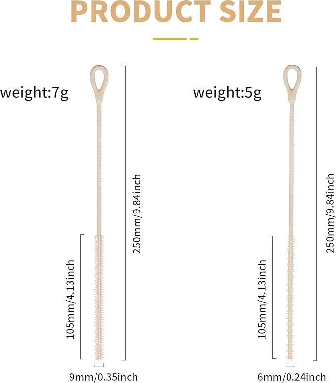 2Pcs Silicone Straw Cleaner Brush, 9.84in Reusable Straw Cleaner with Bendable Steel Core, Extra Long Soft Bottle Brush for Clearing Glass Straws, Smoothie Straws, 9mm&6mm (Beige)