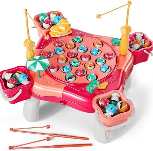 Magnet Fishing Game for Kids Toddlers Aged 3 4 5 6 7 8 - Fishing Toys with 48 Fishes Toys, 8 Poles, Rotating Board Game with On-Off Music, Educational Birthday Gifts for Boys Girls 1-3 (Pink)