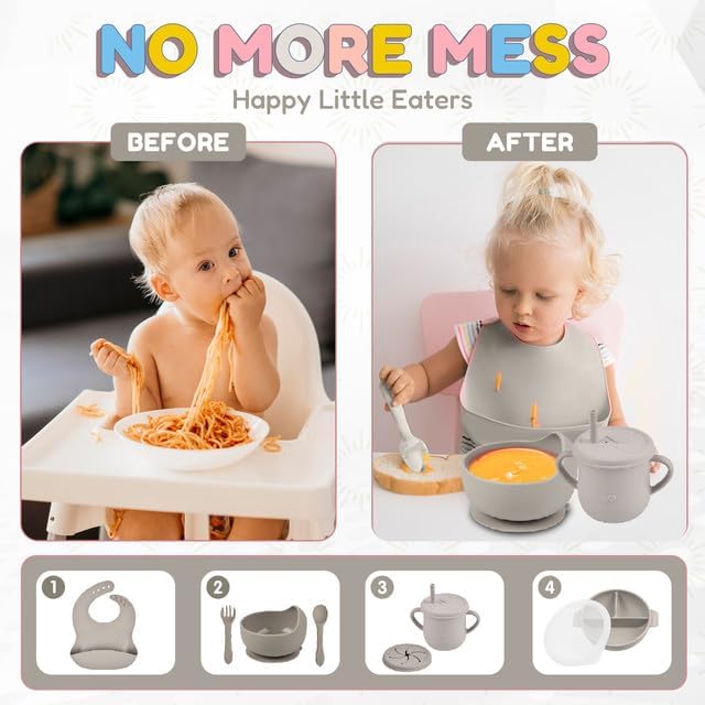 Silicone Baby Feeding Set - Perfect silicone plates for baby & Toddler Plates with lids, Baby Bowls with Suction, Baby Utensils - Baby Led Weaning Supplies & Eating Essentials - (Gray)
