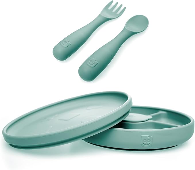 Talktools Bitsy Feeding Kid's Essentials Plate Set – Toddler Utensils, Spoon and Fork, Plate Lid, Perfect for Mealtime – Strong Suction Toddler Plates with 4 Compartments (Set-Sage)
