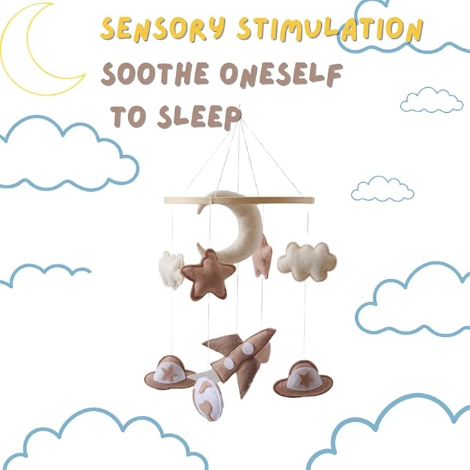 GOODMOM Adventure Sky Wooden Crib Mobile – Handcrafted Baby Mobile with Airplane, Earth & Spaceship Elements, Beige & Brown Nursery Décor, Perfect Gift for Newborns & Baby Showers (Airplane)
